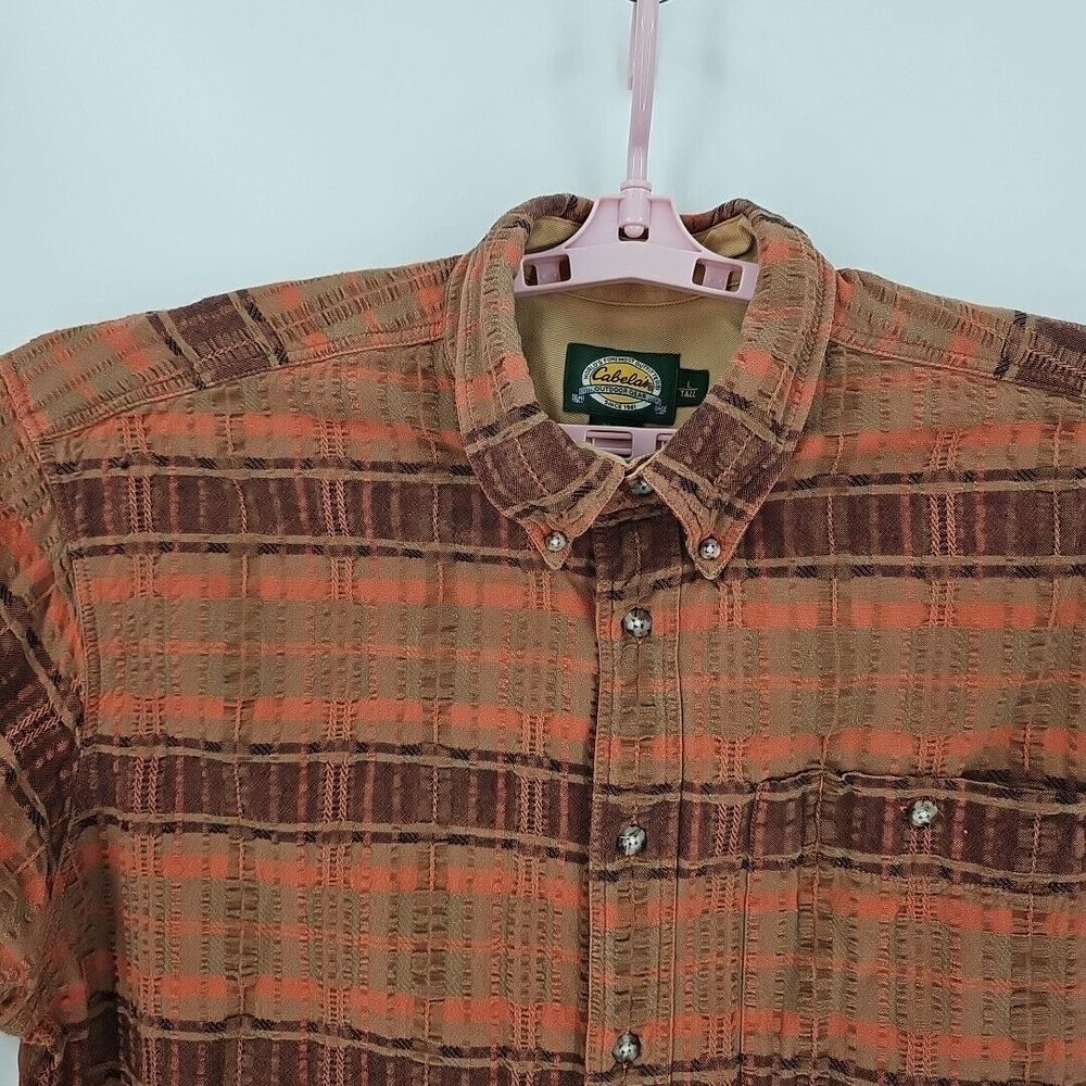 Cabela's Men's 100% Cotton S/S "Outdoor‎ Gear" Rust, Brown Check Shirt Size L/T - Picture 4 of 7